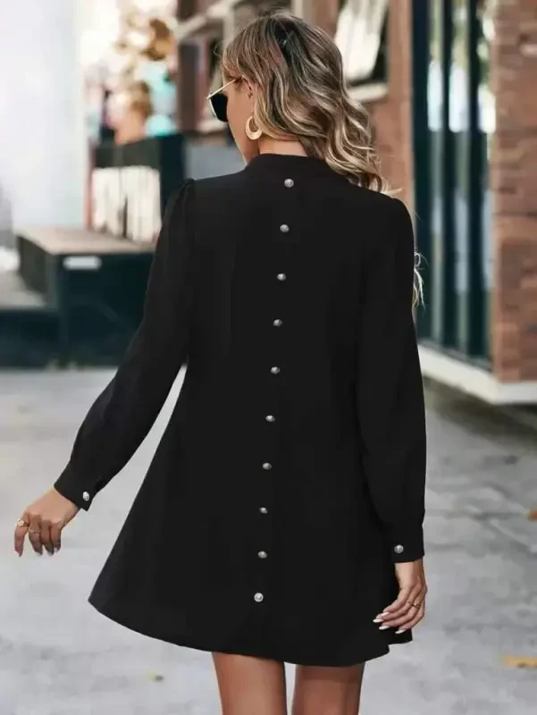 Women's Long Sleeve V Neck Back Buttoned Mini Imported Crepe Dress - BÜYÜKBEDENIZ
