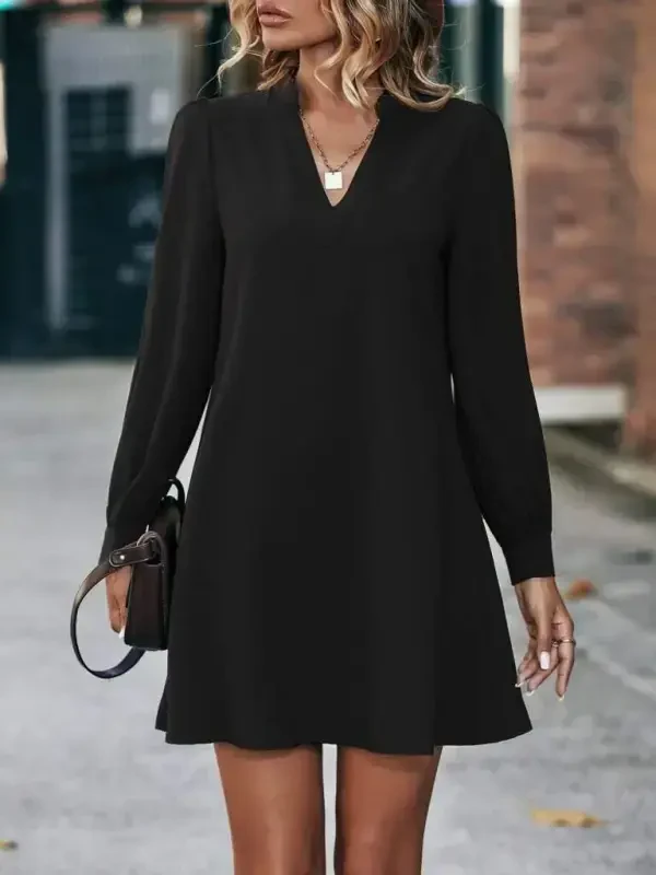 Women's Long Sleeve V Neck Back Buttoned Mini Imported Crepe Dress - 2