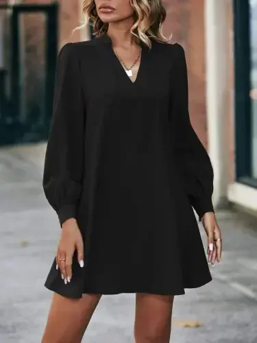 Women's Long Sleeve V Neck Back Buttoned Mini Imported Crepe Dress - 4