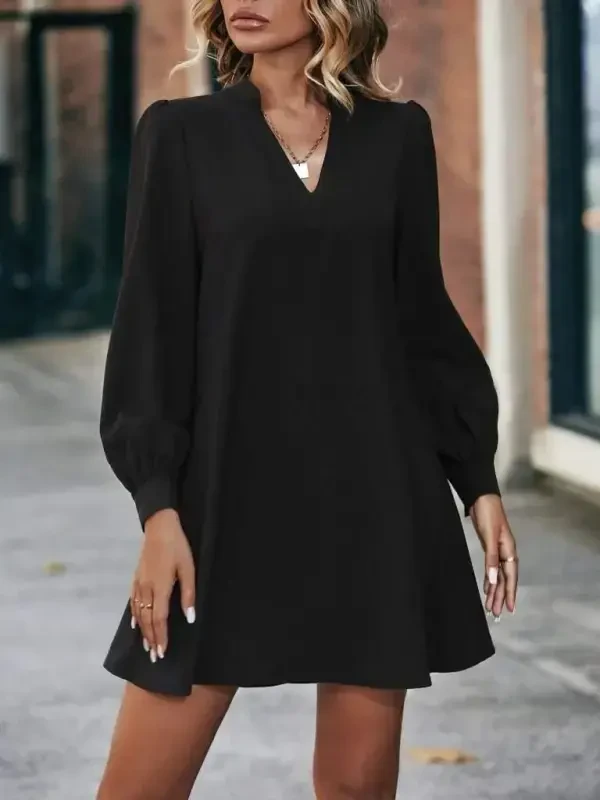 Women's Long Sleeve V Neck Back Buttoned Mini Imported Crepe Dress - 4