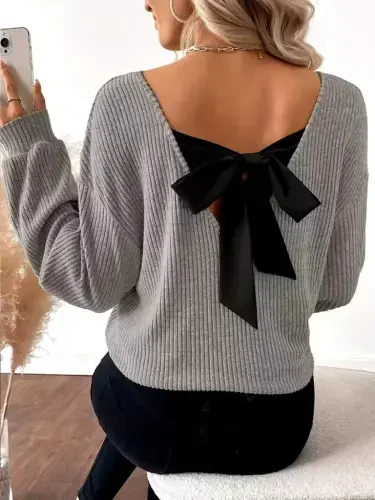 Women's Long Sleeve V Neck Back Ribbon Detailed Brushed Rib Knit Blouse - 1