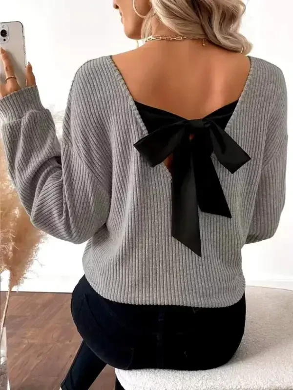 Women's Long Sleeve V Neck Back Ribbon Detailed Brushed Rib Knit Blouse - 1