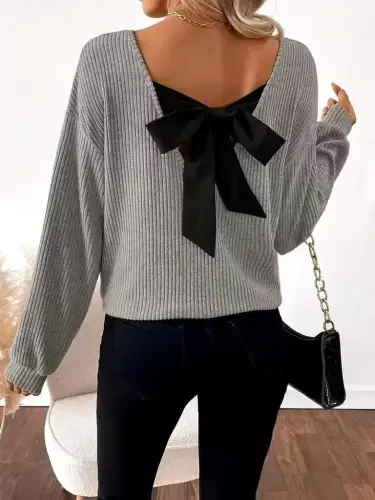 Women's Long Sleeve V Neck Back Ribbon Detailed Brushed Rib Knit Blouse - 2