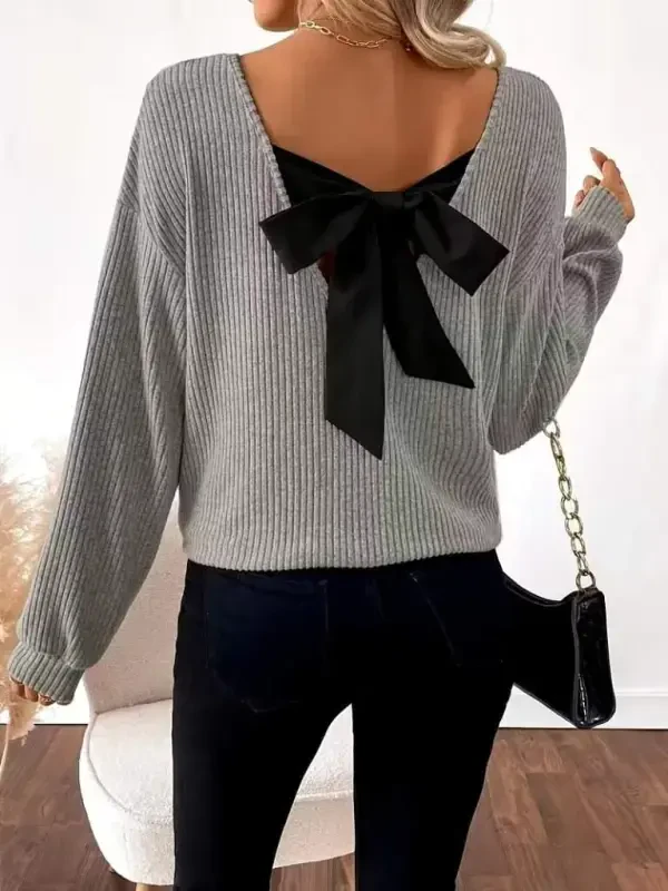 Women's Long Sleeve V Neck Back Ribbon Detailed Brushed Rib Knit Blouse - 2