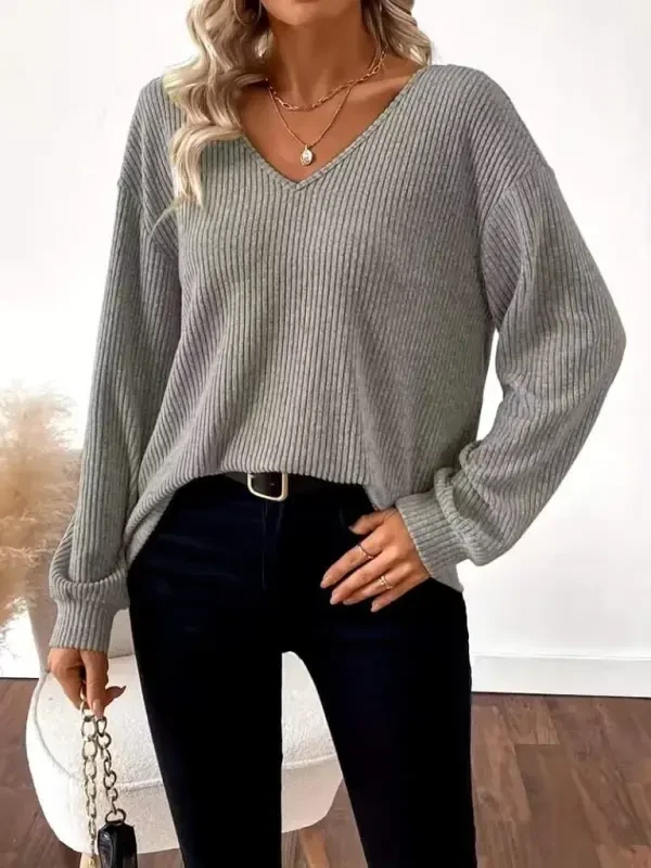 Women's Long Sleeve V Neck Back Ribbon Detailed Brushed Rib Knit Blouse - 3