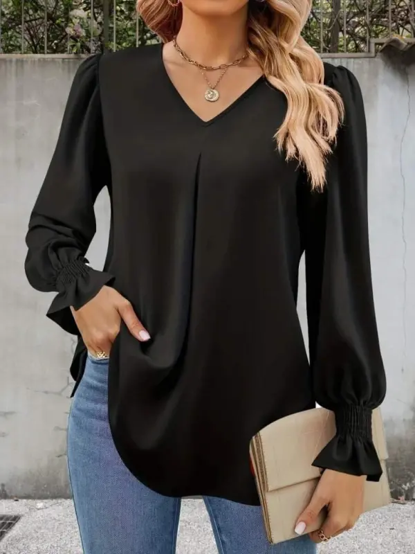 Women's Long Sleeve V Neck Baggy Imported Crepe Blouse - 1