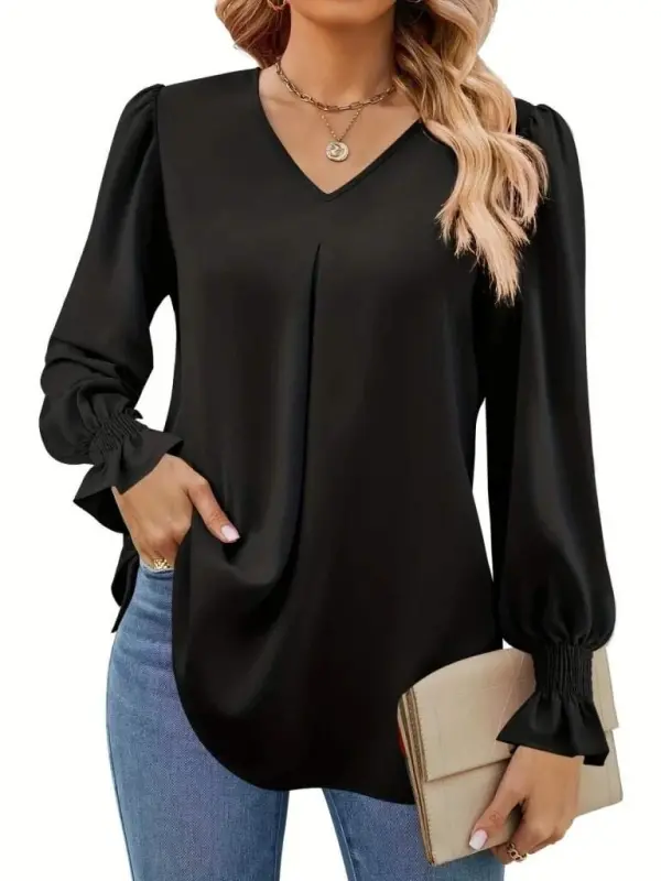 Women's Long Sleeve V Neck Baggy Imported Crepe Blouse - 2