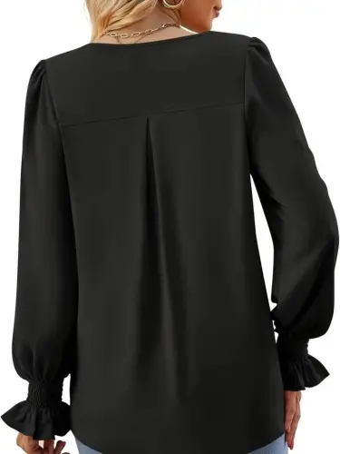 Women's Long Sleeve V Neck Baggy Imported Crepe Blouse - 3