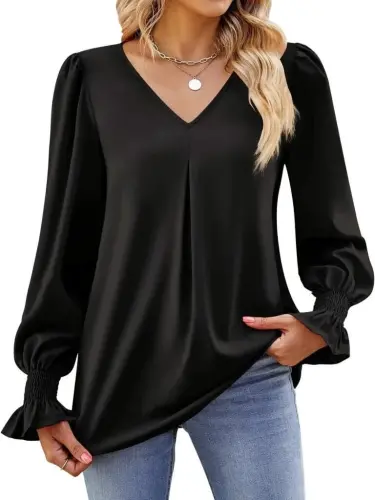 Women's Long Sleeve V Neck Baggy Imported Crepe Blouse - 5