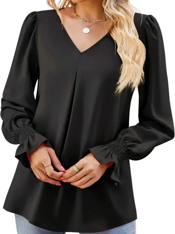 Women's Long Sleeve V Neck Baggy Imported Crepe Blouse - 6