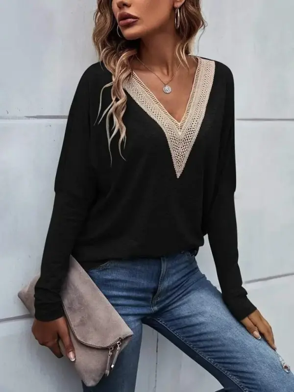 Women's Long Sleeve V-Neck Batwing Sleeve Viscose Blouse - 1