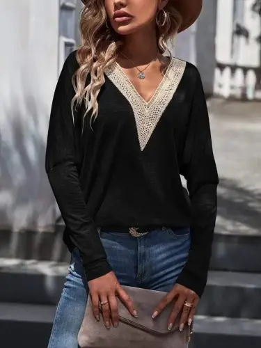 Women's Long Sleeve V-Neck Batwing Sleeve Viscose Blouse - 6