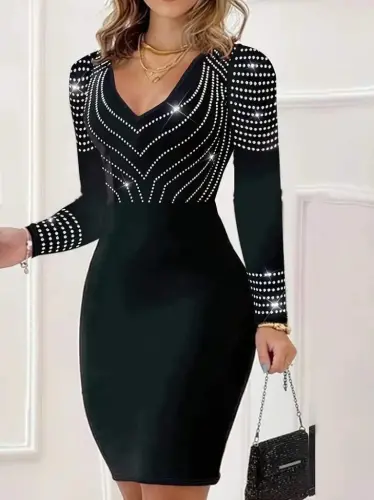 Women's Long Sleeve V Neck Beaded Mini Imported Crepe Dress - 1
