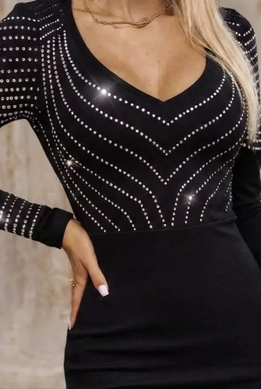 Women's Long Sleeve V Neck Beaded Mini Imported Crepe Dress - 2