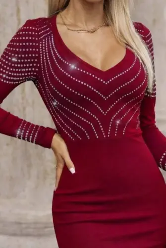 Women's Long Sleeve V Neck Beaded Mini Imported Crepe Dress - 2