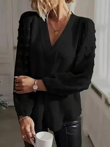 Women's Long Sleeve V Neck Butt Detailed Sandy Blouse - 1