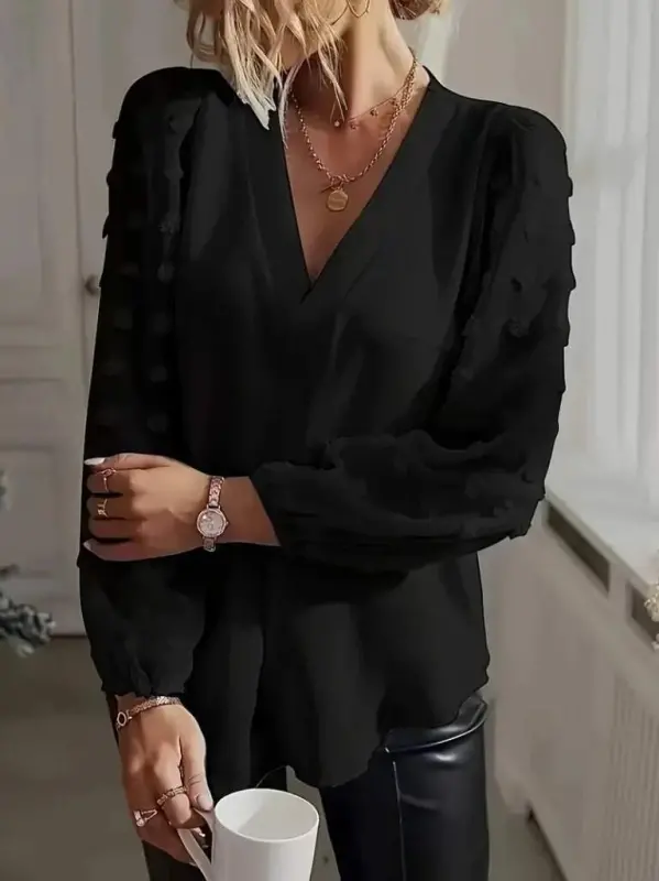 Women's Long Sleeve V Neck Butt Detailed Sandy Blouse - 1