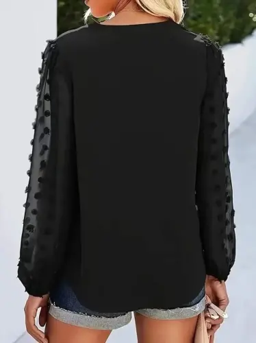 Women's Long Sleeve V Neck Butt Detailed Sandy Blouse - 3