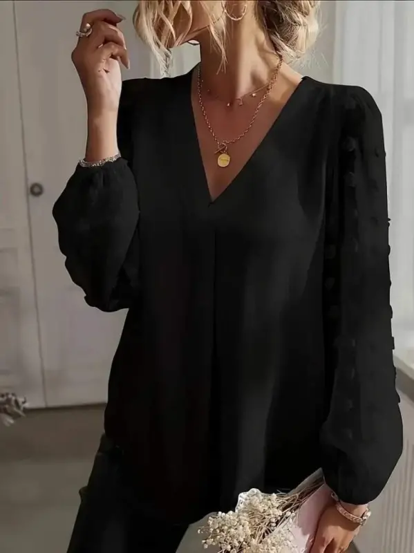 Women's Long Sleeve V Neck Butt Detailed Sandy Blouse - 4