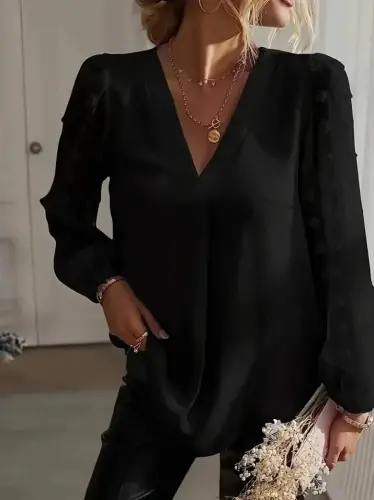 Women's Long Sleeve V Neck Butt Detailed Sandy Blouse - 5