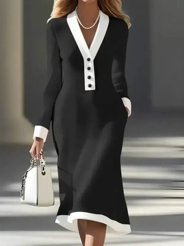 Women's Long Sleeve V Neck Button Down Midi Modal Dress - BÜYÜKBEDENIZ