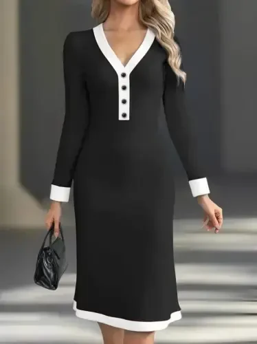 Women's Long Sleeve V Neck Button Down Midi Modal Dress - BÜYÜKBEDENIZ (1)