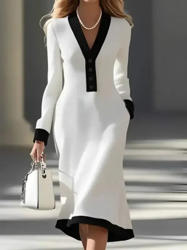 Women's Long Sleeve V Neck Button Down Midi Modal Dress - BÜYÜKBEDENIZ