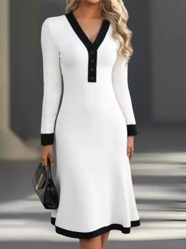 Women's Long Sleeve V Neck Button Down Midi Modal Dress - 2