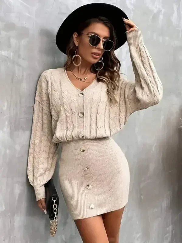 Women's Long Sleeve V Neck Button Front Short Knit Dress - BÜYÜKBEDENIZ