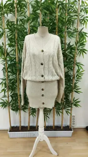 Women's Long Sleeve V Neck Button Front Short Knit Dress - 4