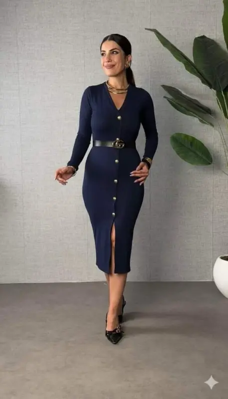 Women's Long Sleeve V Neck Button Front Slit Modal Midi Beltless Dress - 1