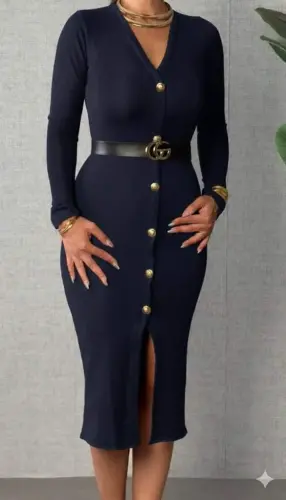 Women's Long Sleeve V Neck Button Front Slit Modal Midi Beltless Dress - 2