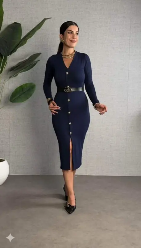 Women's Long Sleeve V Neck Button Front Slit Modal Midi Beltless Dress - 3