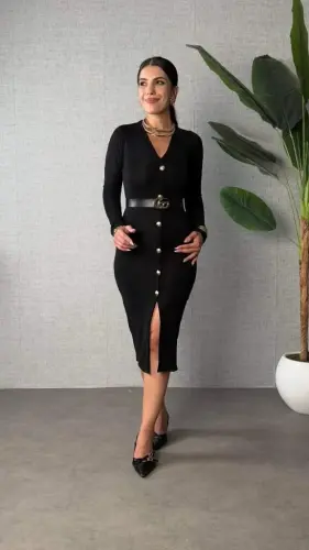 Women's Long Sleeve V Neck Button Front Slit Modal Midi Beltless Dress - 1