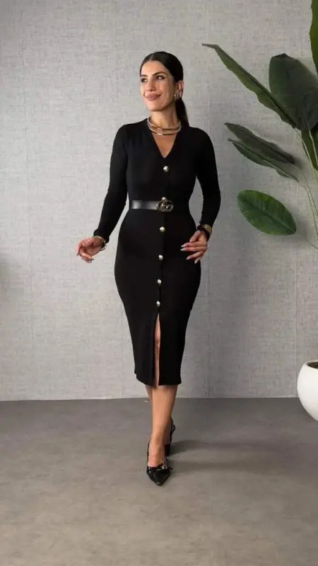 Women's Long Sleeve V Neck Button Front Slit Modal Midi Beltless Dress - 2
