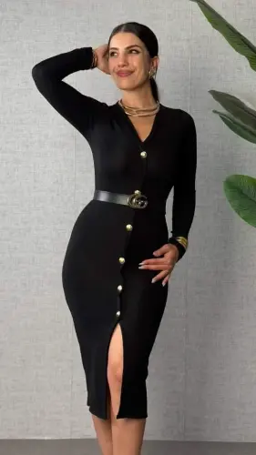 Women's Long Sleeve V Neck Button Front Slit Modal Midi Beltless Dress - 3