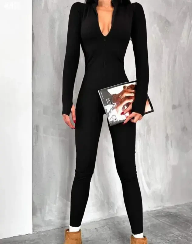 Women's Long Sleeve V Neck Finger Detail Ribbed Jumpsuit - BÜYÜKBEDENIZ