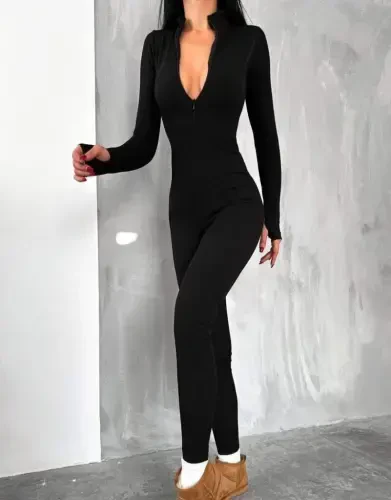 Women's Long Sleeve V Neck Finger Detail Ribbed Jumpsuit - BÜYÜKBEDENIZ (1)