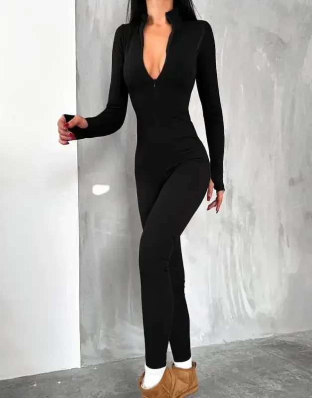 Women's Long Sleeve V Neck Finger Detail Ribbed Jumpsuit - 2