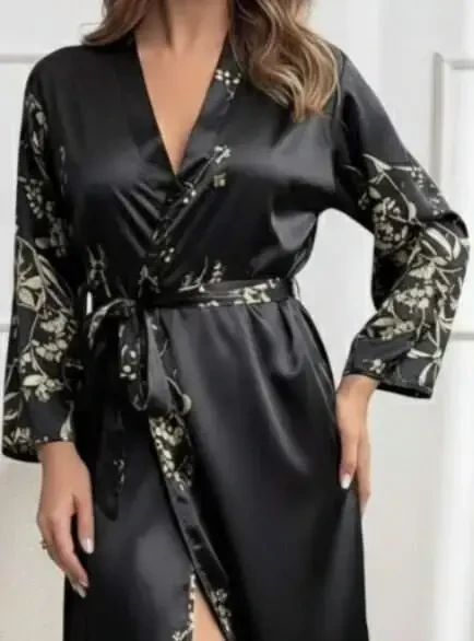 Women's Long Sleeve V Neck Floral Print Belted Waist Midi Satin Nightdress - 2