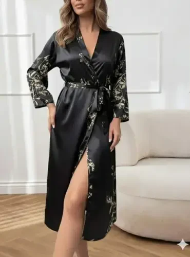 Women's Long Sleeve V Neck Floral Print Belted Waist Midi Satin Nightdress - 3