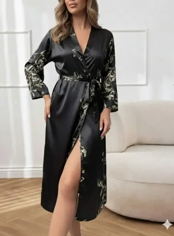 Women's Long Sleeve V Neck Floral Print Belted Waist Midi Satin Nightdress - 3