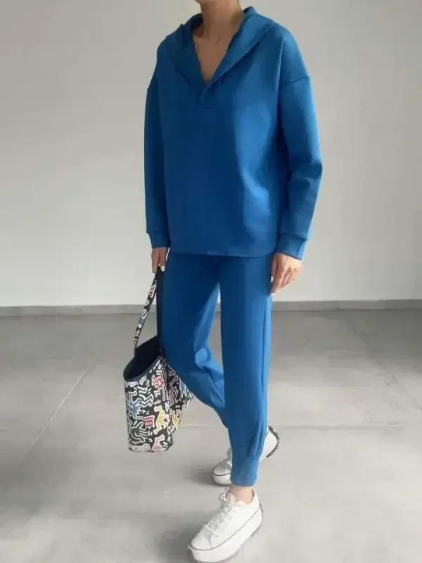 Women's Long Sleeve V Neck Hoodie Detail Sweatshirt And High Waist Tracksuit Set - 1