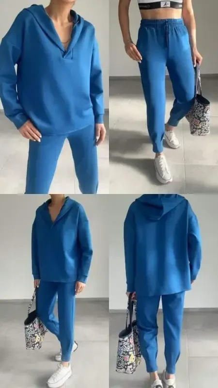 Women's Long Sleeve V Neck Hoodie Detail Sweatshirt And High Waist Tracksuit Set - 18