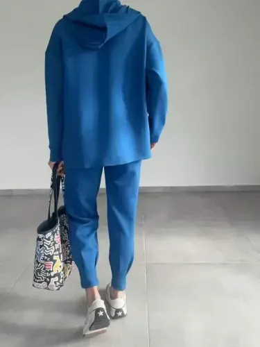 Women's Long Sleeve V Neck Hoodie Detail Sweatshirt And High Waist Tracksuit Set - 17