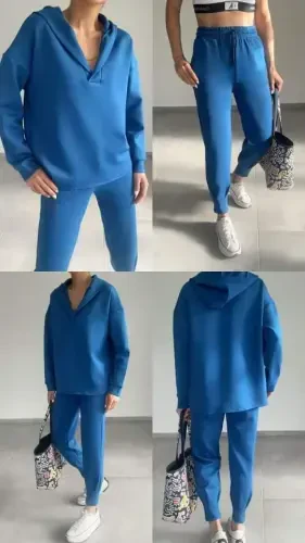 Women's Long Sleeve V Neck Hoodie Detail Sweatshirt And High Waist Tracksuit Set - 3