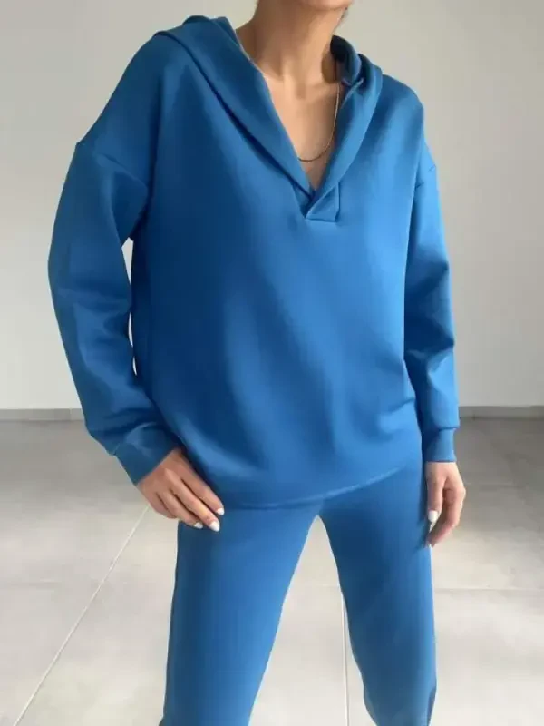 Women's Long Sleeve V Neck Hoodie Detail Sweatshirt And High Waist Tracksuit Set - 16