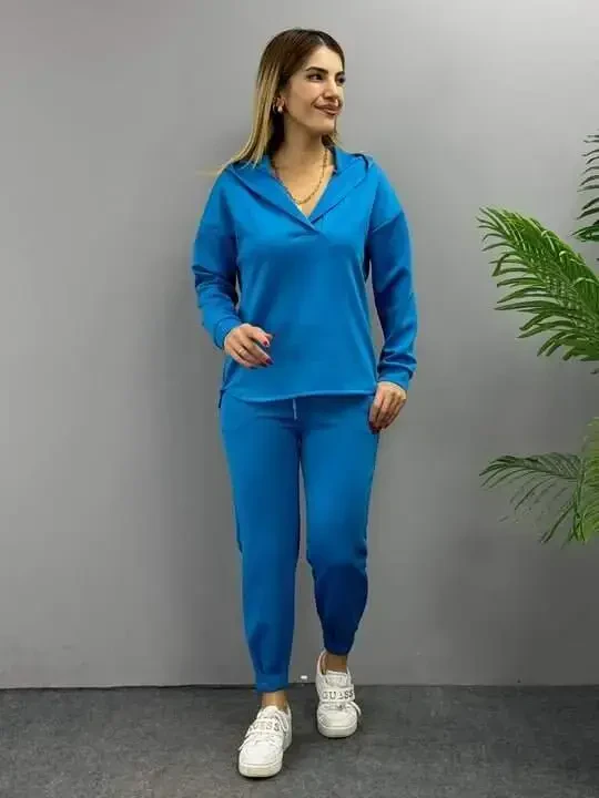 Women's Long Sleeve V Neck Hoodie Detail Sweatshirt And High Waist Tracksuit Set - 15