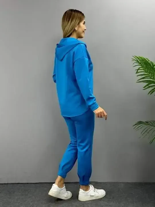 Women's Long Sleeve V Neck Hoodie Detail Sweatshirt And High Waist Tracksuit Set - 11