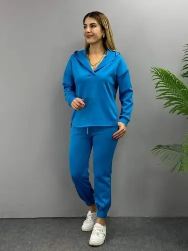 Women's Long Sleeve V Neck Hoodie Detail Sweatshirt And High Waist Tracksuit Set - 7